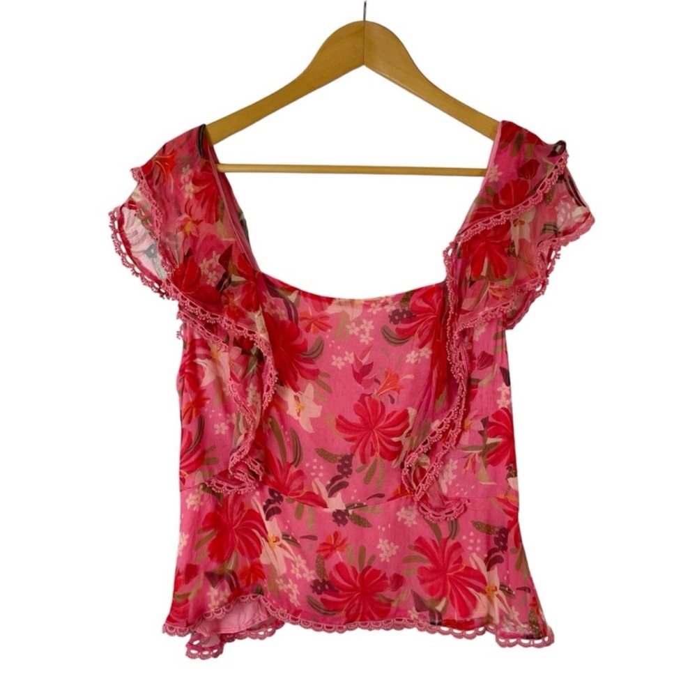 FARM Rio Pink Red Floral Ruffle Square-Neck Blouse - Picture 9 of 15